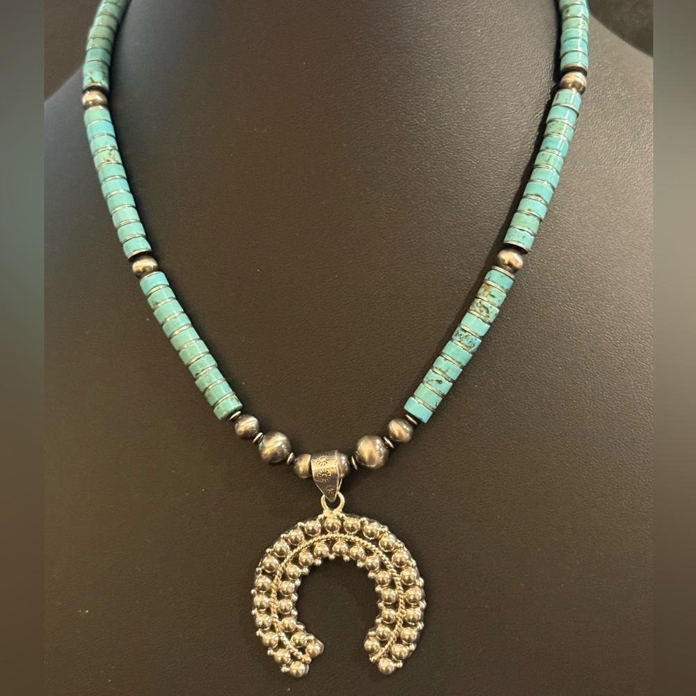 Sterling Silver Navajo Pearls Turquoise Naja Squash Blossom Pendant Necklace